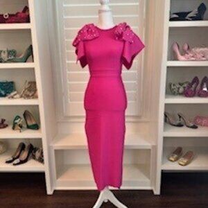 Hot Pink Midi Dress with Pearl-Embellished Sleeves – Elegant Statement Look